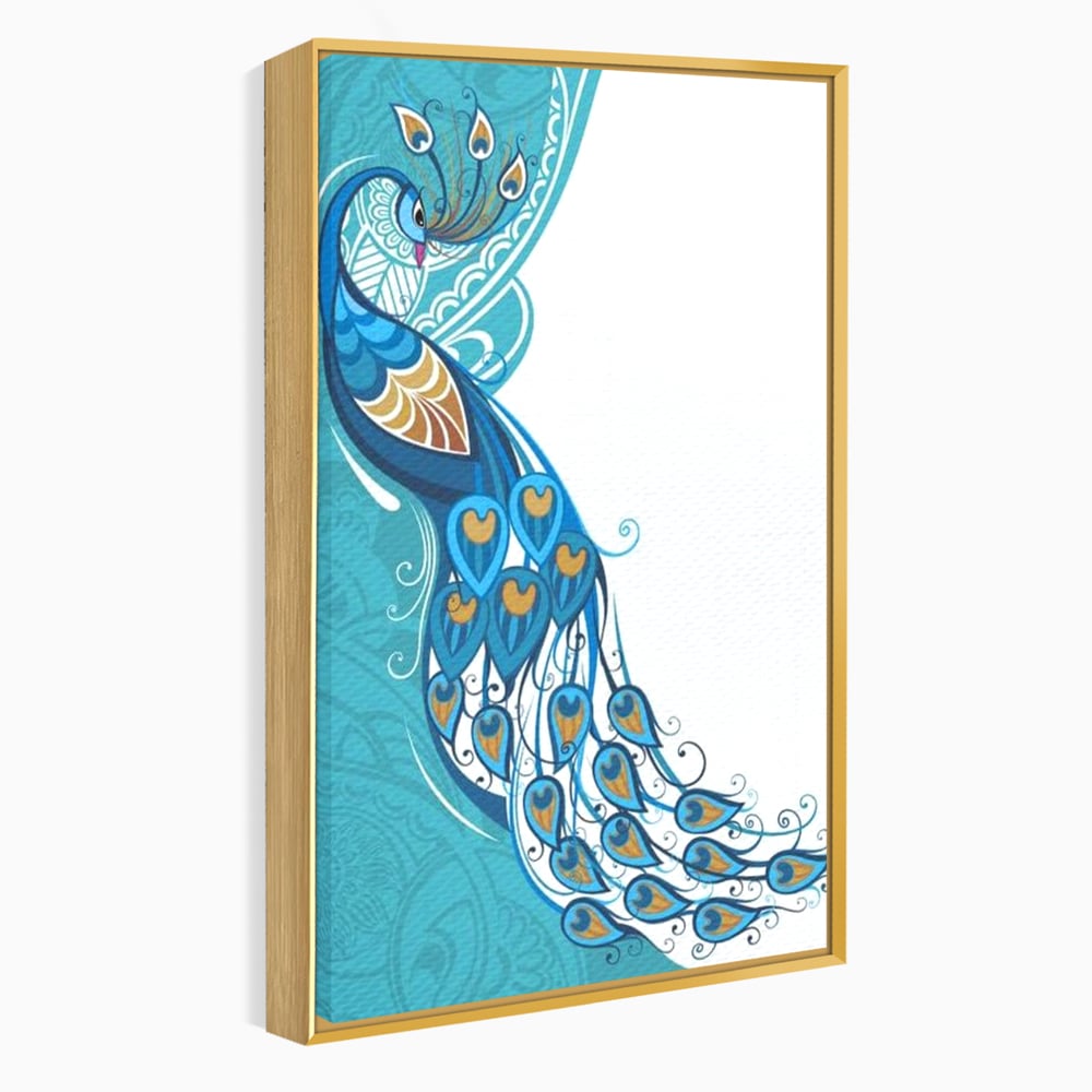 Tablou canvas cu ilustratie digitala cu paun si pene, in rama de aluminiu auriu